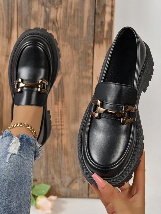 Shoes - Black Chunky Platform Loafers with Gold Hardware - 9.5